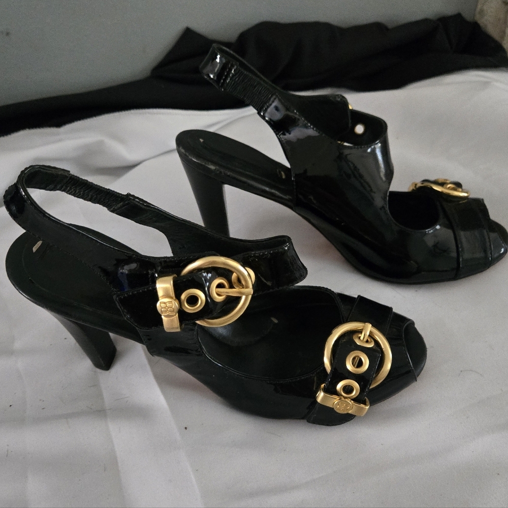 BCBG Max Azria Black Patent Leather Slingback Peep Toe Heels Gold Logo Hardware